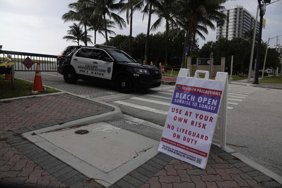 Beaches in Boca Raton opened Monday, May 18, 2020, as part of the Palm Beach County Beach reopening. No lifeguards were on duty and all of the beachside parking lots were closed. (Joe Cavaretta/South Florida Sun-Sentinel via AP)