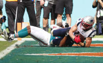 New England Patriots wide receiver Julian Edelman (11) catches a touchdown pass, during the first half of an NFL football game against the Miami Dolphins, Sunday, Dec. 9, 2018, in Miami Gardens, Fla. Tom Brady's pass set a record for the most touchdown passes in a regular season, including playoffs. (AP Photo/Wilfredo Lee)