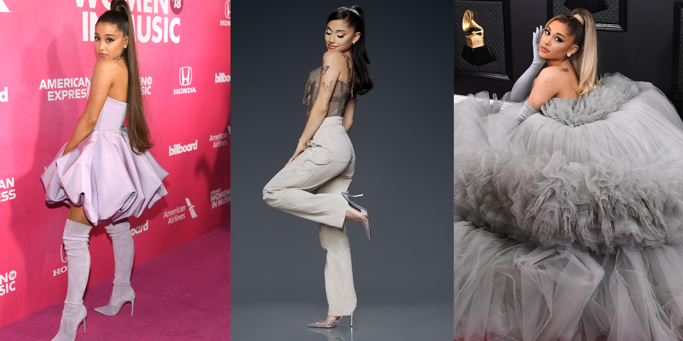 <p>The singer wears a lot of strapless looks, which works well with her go-to over-the-shoulder pose. She tends to look over her left shoulder, showing off that trademark ponytail. </p>