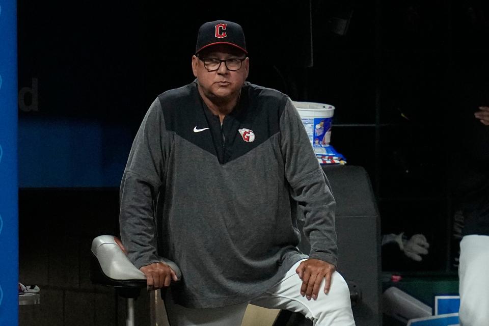 Guardians manager Terry Francona watches from the dugout during the seventh inning against the Cincinnati Reds, Wednesday, Sept. 27, 2023, in Cleveland.