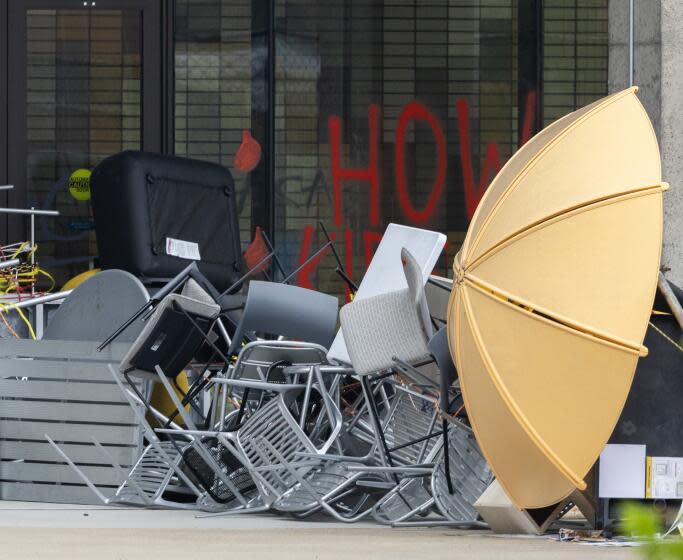 LOS ANGELES, CA - JUNE 13: Barricades remain around the student services building at California State University, Los Angeles in Los Angeles, CA on Thursday, June 13, 2024. The building was taken over Wednesday afternoon trapping people inside. (Myung J. Chun / Los Angeles Times)