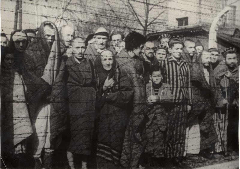 Holocaust survivors stand behind a barbed wire fence after the liberation of Nazi German death camp Auschwitz-Birkenau in 1945 in Nazi-occupied Poland, in this handout picture