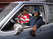 <p>“James Watson and Jeremiah Perry, both lifelong Republicans, sit in Perry’s new car outside the liquor store where Michael Brown was last seen. They both agreed that had a woman been running on the Republican ticket, they wouldn’t have voted for her. (They wouldn’t, in fact, vote for a woman period.) They were for Trump.” (Photograph and caption by Naomi Harris) </p>