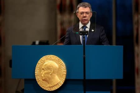 Nobel Peace Prize laureate Colombian President Juan Manuel Santos gives a speech during the Peace Prize awarding ceremony at the City Hall in Oslo, Norway December 10, 2016. NTB Scanpix/Haakon Mosvold Larsen/via REUTERS