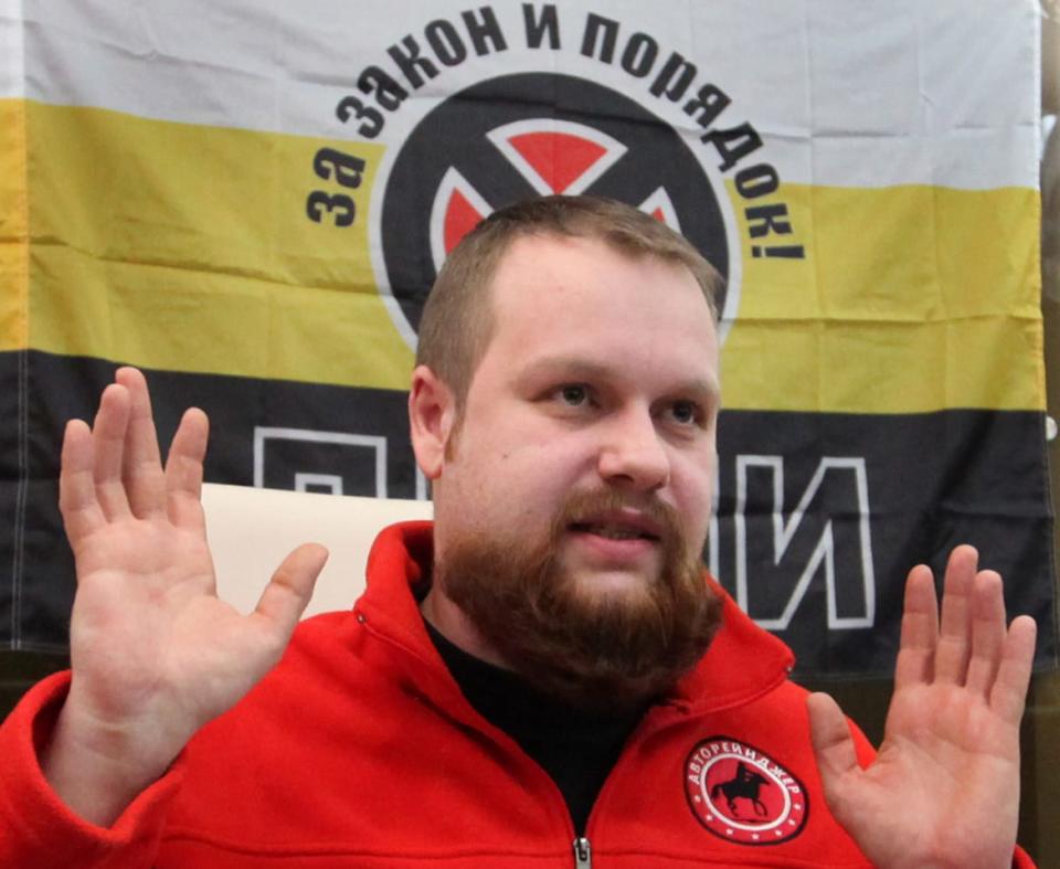 <div class="inline-image__caption"><p>Russian nationalist Dmitry Dyomushkin at a press conference held by the Movement Against Illegal Immigration (DPNI) in Moscow on Feb. 16, 2011.</p></div> <div class="inline-image__credit">Alexey Sazonov/AFP via Getty</div>