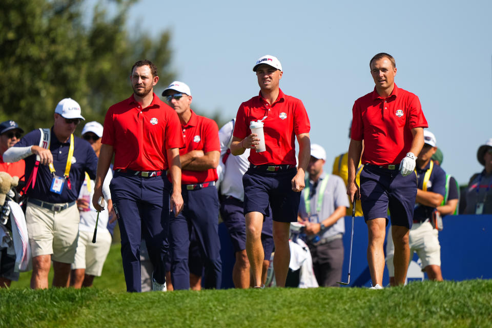 ROME, ITALY - SEPTEMBER 26: Patrick Cantlay, Justin Thomas, and Jordan Spieth walk on the 16th hole during the Ryder Cup at Marco Simone Golf & Country Club on Tuesday, September 26, 2023 in Rome, Italy. (Photo by Darren Carroll/PGA of America via Getty Images)