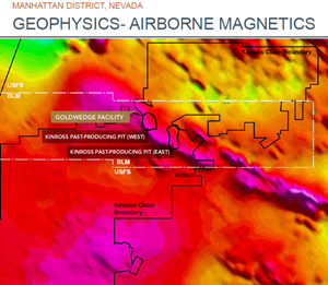 Airborne magnetic survey data (Re: Manhattan Divestment Proposal document – Kinross Gold Corp. October 21, 2016). The magnetic anomalies display the probable structural trends of the mineralized sheared metamorphosed interbedded limestones, argillites and phyllites of late Cambrian age.