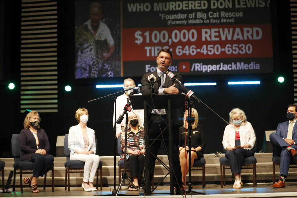 TAMPA, FL - AUGUST 10: Attorney John Phillips speaks on the Lewis family during a news conference at Riverhills Church of God on August 10, 2020 in Tampa, Florida. The surviving daughters of Don Lewis announced during a news conference they have filed a complaint in Hillsborough County court against Tiger King subjects Kenny Farr and Carole Baskin. (Photo by O. Jones/Getty Images)