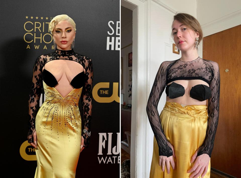 Lady Gaga at the 2022 Critics Choice Awards and Angelica Hicks recreating her look.