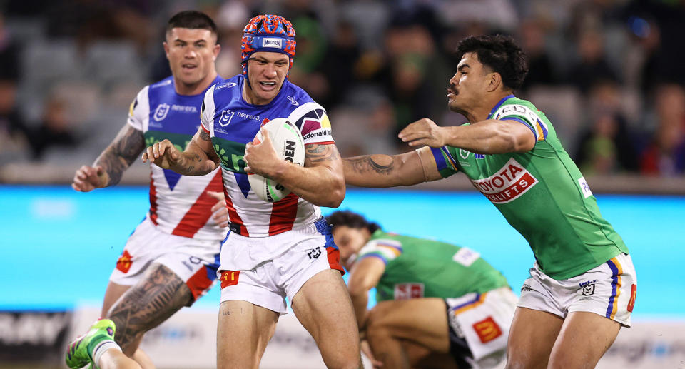 Kalyn Ponga was electric for the Knights against Canberra in what was his first game since suffering a Lisfranc injury in round 7. Pic: Getty