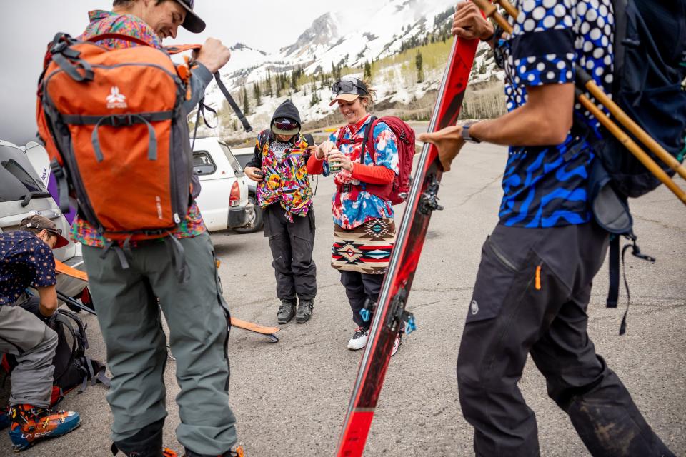 Alex Arnis, Alex Quintana, Katie Woodward, Kate Foley and Sam Barnagaud prepare for a backcountry ski tour at Alta Ski Area, which is closed for the season, on Friday, June 2, 2023. The group dressed up for the ski tour to celebrate the 200th consecutive ski day for Parker Densmore, not pictured. | Spenser Heaps, Deseret News