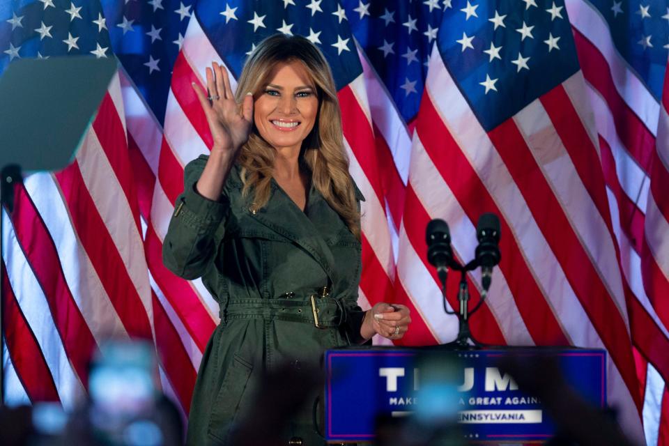 First lady Melania Trump prepares to speak at a campaign rally on Oct. 27, 2020, in Atglen, Pa.