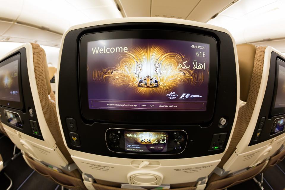 The seatback screen on Etihad's A380 economy cabin.