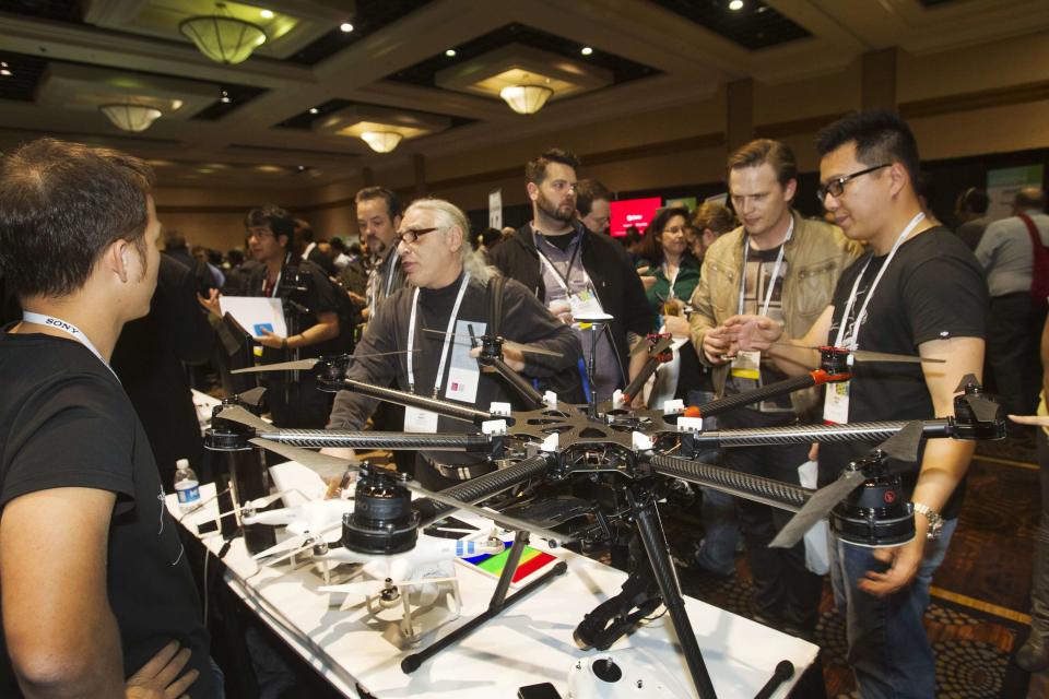 The DJI S1000, an eight-bladed, aerial photography system by DJI Innovations, is displayed during "CES Unveiled," a media preview event to the annual Consumer Electronics Show (CES), in Las Vegas