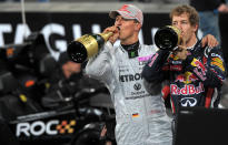 Sebastian Vettel (R) and Schumacher drink Champagne after winning the Nations Cup on the first day of the Race of champions event at the Esprit Arena in 2011 in Duesseldorf. (AFP)