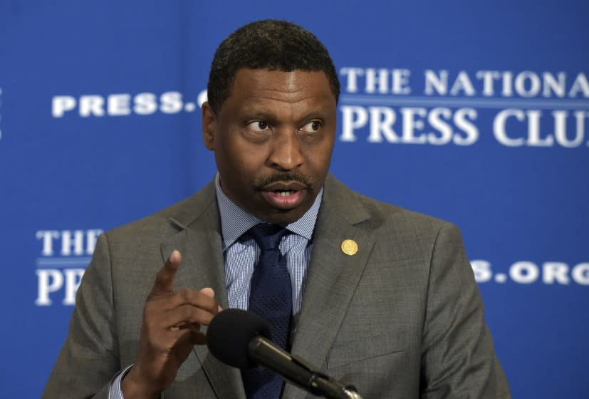 FILE - In this Aug. 29, 2017, file photo, Derrick Johnson speaks at a National Press Club (NPC) in Washington. The NAACP has decided to hire its interim leader, Derrick Johnson, as its 19th president and CEO. The board of directors of the nation's oldest civil rights organization made the decision on Saturday, Oct. 21, 2017. (AP Photo/Susan Walsh, File)