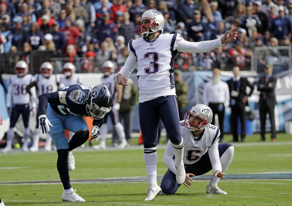 FILE - In this Nov. 11, 2018, file photo, New England Patriots kicker Stephen Gostkowski (3) watches his 52-yard field goal against the Tennessee Titans during the first half of an NFL football game in Nashville, Tenn. Gostkowski finished in second behind Baltimore's Justin Tucker in voting for the best kicker in the league by a panel of Associated Press football writers. (AP Photo/James Kenney, File)