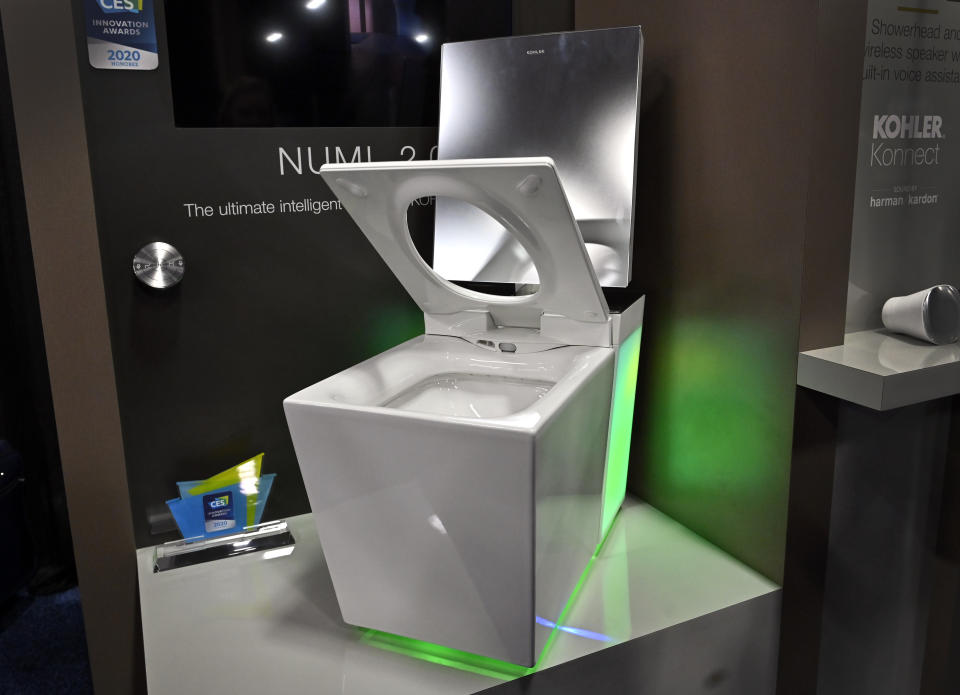 LAS VEGAS, NEVADA - JANUARY 05: The Kohler Numi 2.0 smart toilet is displayed during a press event for CES 2020 at the Mandalay Bay Convention Center on January 5, 2020 in Las Vegas, Nevada. The USD 10,000 toilet features LED lights, automatic seat, bidet and is scheduled to be available for purchase later this year. CES, the world's largest annual consumer technology trade show, runs from January 7-10 and features about 4,500 exhibitors showing off their latest products and services to more than 170,000 attendees.  (Photo by David Becker/Getty Images)