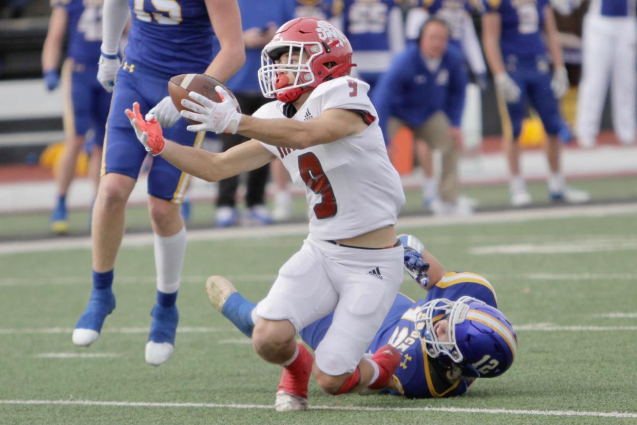 Jim Ned receiver Cooper Mascorro attempts to catch a pass against Brock in the regional semifinals. The Indians lost 70-25.