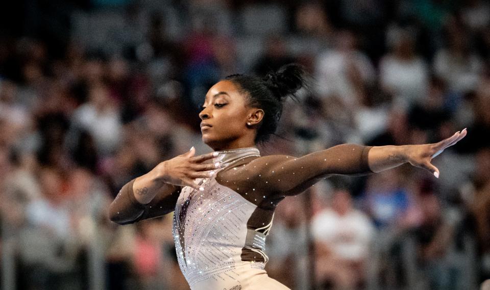 Jun 2, 2024; Fort Worth, Texas, USA; Gymnast Simone Biles begins her floor routine during the final day of the 2024 USA Gymnastics Championships at Dickies Arena.