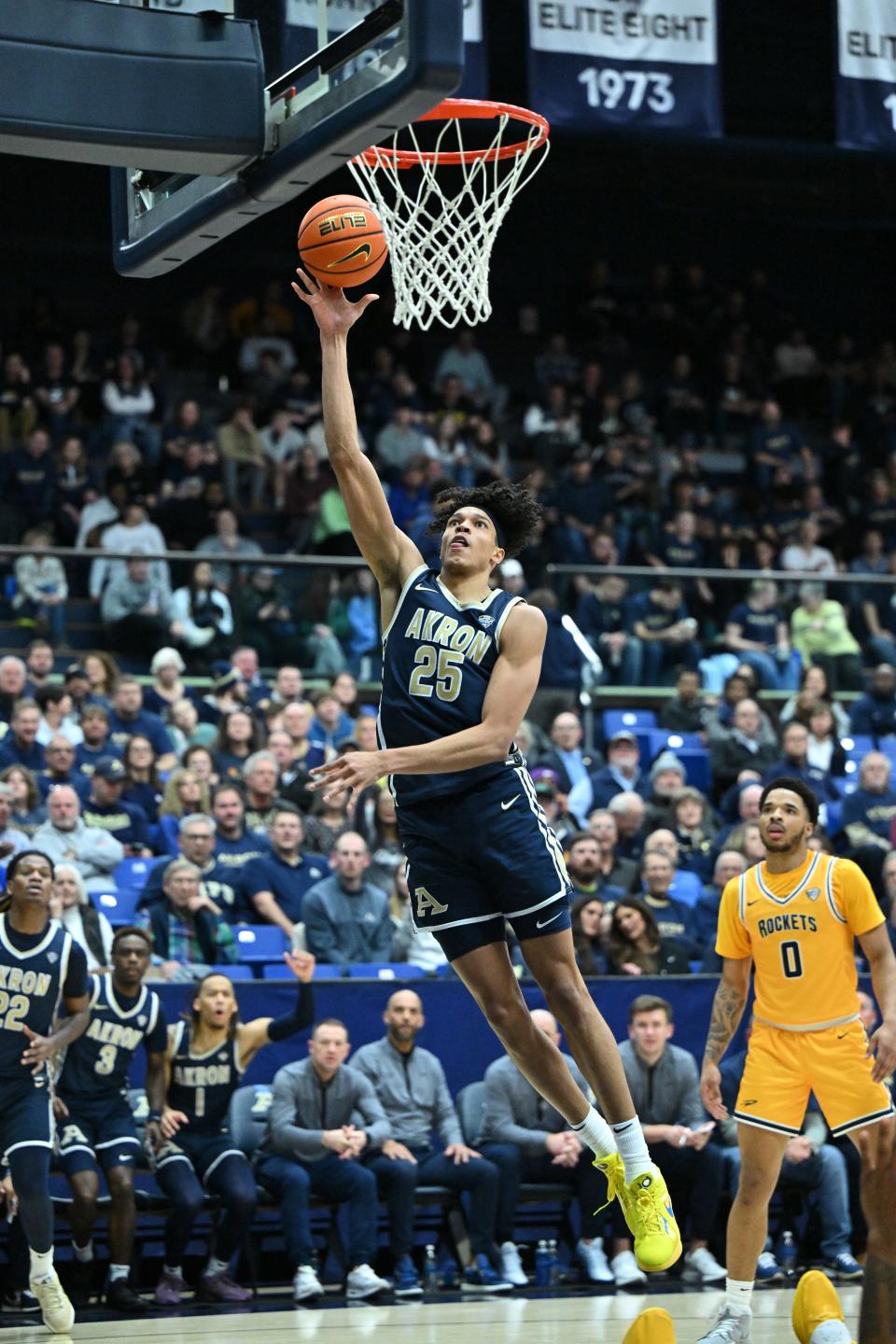 Akron forward Enrique Freeman goes up for a shot Friday against the Toledo Rockets in Akron.