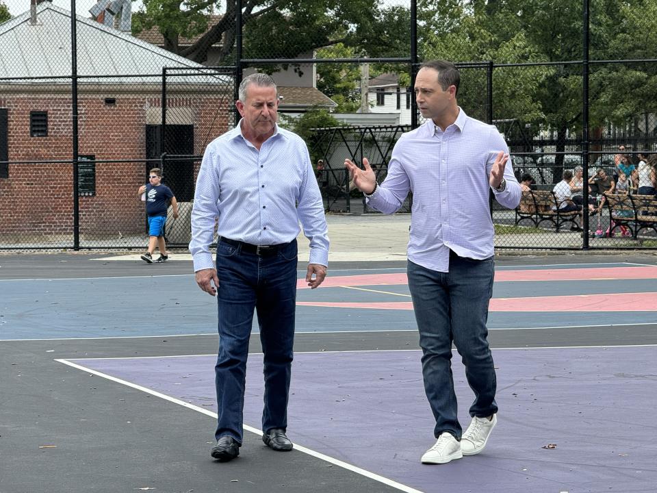 Target chairman and CEO Brian Cornell (left) returns to his hometown basketball courts in Queens, NY for the first time in decades to share with Yahoo Finance executive editor Brian Sozzi (right) how he rose the leaderships ranks. 