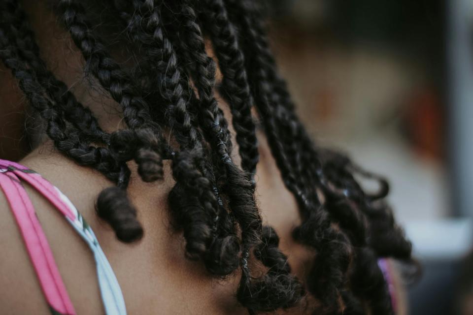 Braided hair, viewed from the back.