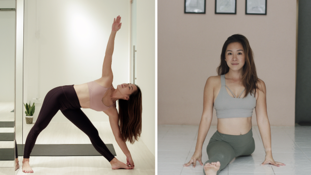 Premium Photo  A young woman in sports clothes doing yoga pilates in the  gym exercise corner