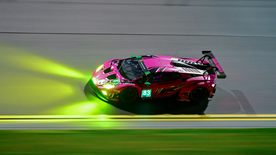 The Lamborghini Huracán GT3 EVO2 of the Iron Dames team in action at the Daytona International Speedway.