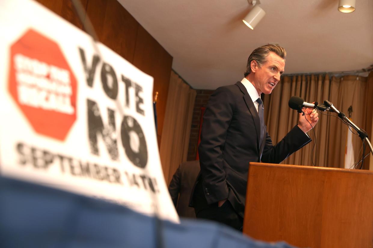 California Gov. Gavin Newsom speaks to union workers and volunteers on election day at the IBEW Local 6 union hall on September 14, 2021 in San Francisco, California.