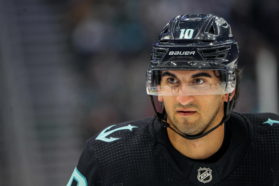 Matty Beniers #10 of the Seattle Kraken skates on the ice during the first period of an NHL game