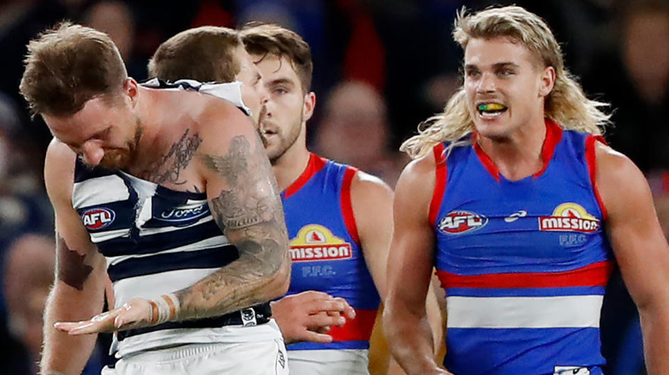 Western Bulldogs star Bailey Smith has been suspended for two games after headbutting Geelong's Zac Tuohy. (Photo by Dylan Burns/AFL Photos via Getty Images)