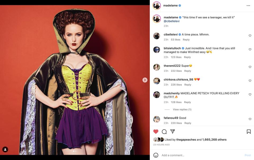 Madelaine Petsch dressed as Winnifred Sanderson for Halloween in 2022.