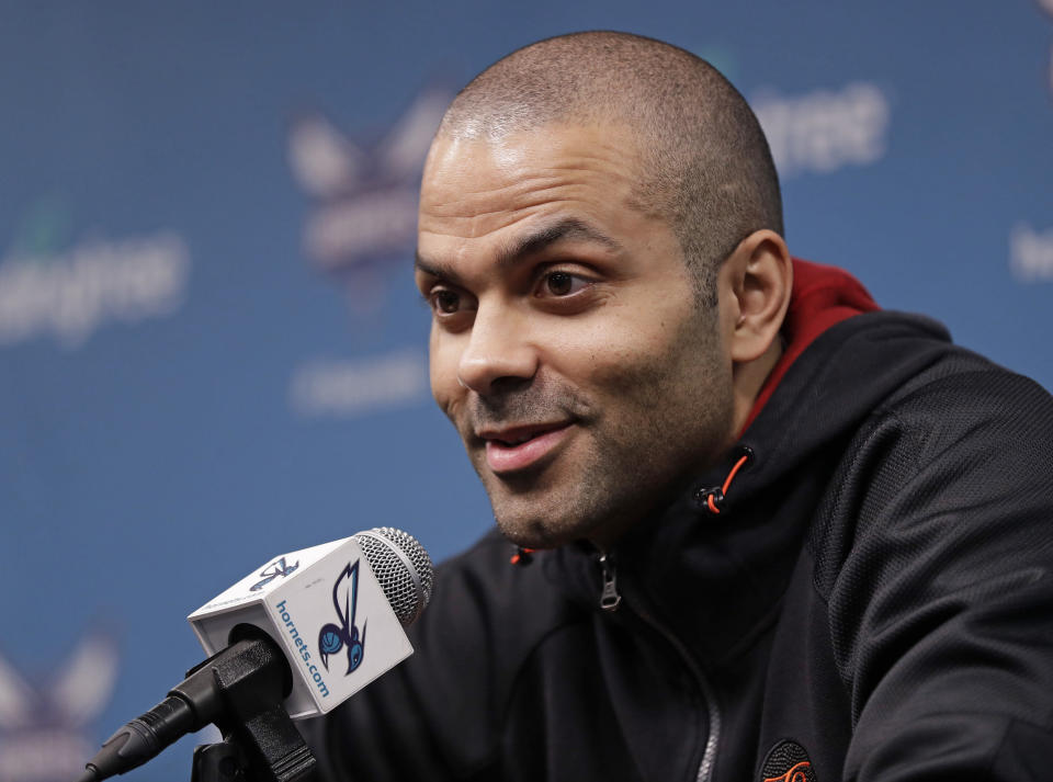 Charlotte Hornets' Tony Parker answers a question during end of season interviews for the NBA basketball team in Charlotte, N.C., Thursday, April 11, 2019. (AP Photo/Chuck Burton)