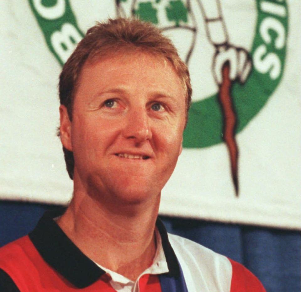 Larry Bird announces his retirement from the Boston Celtics at a news conference in Boston in this Aug. 18, 1992 photo. Bird, who led the Boston Celtics to three NBA championships and had been an adviser for the team since retiring in 1992, has agreed to coach the <a class="link " href="https://sports.yahoo.com/nba/teams/indiana/" data-i13n="sec:content-canvas;subsec:anchor_text;elm:context_link" data-ylk="slk:Indiana Pacers;sec:content-canvas;subsec:anchor_text;elm:context_link;itc:0">Indiana Pacers</a>. (AP Photo/Bruce Allen)
