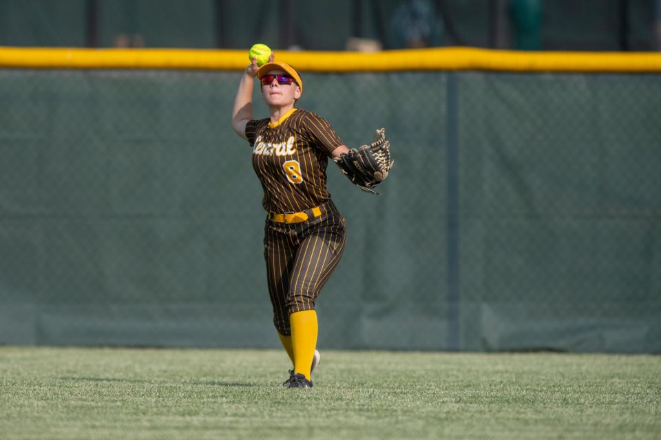 Central’s Danika Dix (8) throws from the outfield as the Central Bears play the Castle Knights during the 2023 IHSAA 4A softball sectional at North high School Tuesday, May 23, 2023.