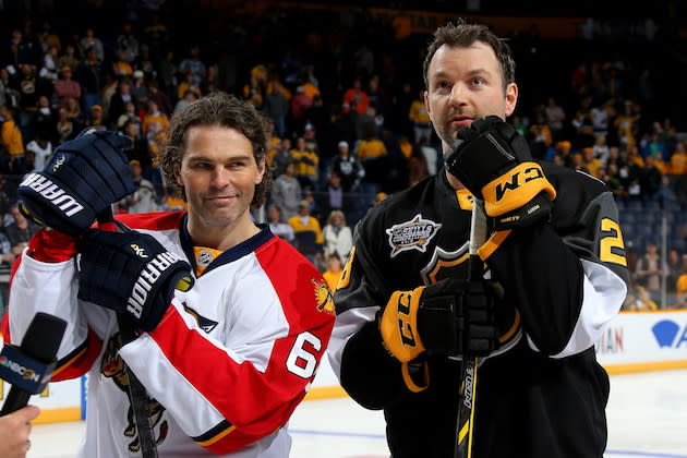 NASHVILLE, TN - JANUARY 30: Jaromir Jagr #68 of the Florida Panthers and John Scott #28 of the Arizona Coyotes look on in the Discover NHL Shootout during the 2016 Honda NHL All-Star Skill Competition at Bridgestone Arena on January 30, 2016 in Nashville, Tennessee. (Photo by Bruce Bennett/Getty Images)