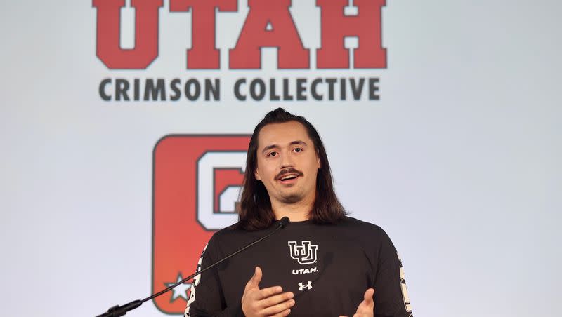 Utah quarterback Cam Rising speaks at the launch of the Crimson Collective on Friday, April 21, 2023, at Rice-Eccles Stadium in Salt Lake City.