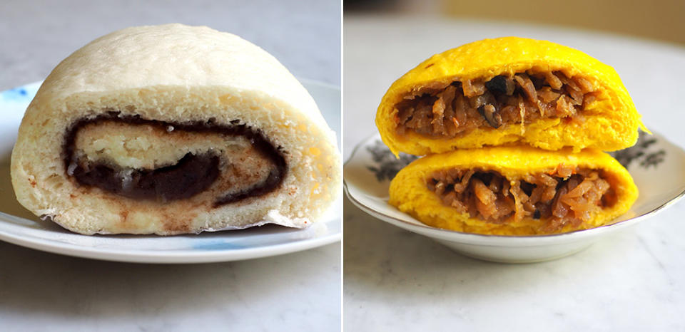 You can grab freshly-made Fuzhou buns here layered with red bean paste (left). The orange coloured 'baos' are pumpkin flavoured with a vegetable filling (right).