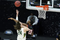 Baylor's Matthew Mayer (24) shoots against Hartford's Austin Williams (20) during the first half of a college basketball game in the first round of the NCAA tournament at Lucas Oil Stadium in Indianapolis Friday, March 19, 2021, in Indianapolis, Tenn. (AP Photo/Mark Humphrey)