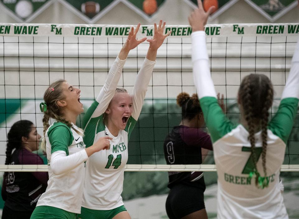 Fort Myers players celebrate a point against Riverdale on Tuesday, Sept. 6, 2022, at Fort Myers High School. Fort Myers won the game in four sets.