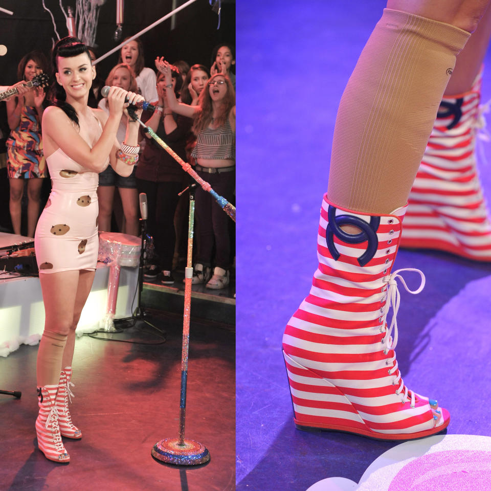 Katy Perry's striped Chanel peep-toe booties