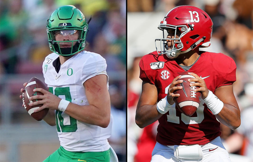 Oregon's Justin Herbert (L) and Alabama's Tua Tagovailoa appear to be the top two NFL quarterback prospects. (Getty)