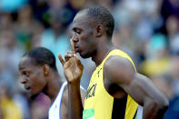 <p>Usain Bolt of Jamaica competes in the Men’s 100m Round 1 on Day 8 of the Rio 2016 Olympic Games at the Olympic Stadium on August 13, 2016 in Rio de Janeiro, Brazil. (Photo by Alexander Hassenstein/Getty Images) </p>