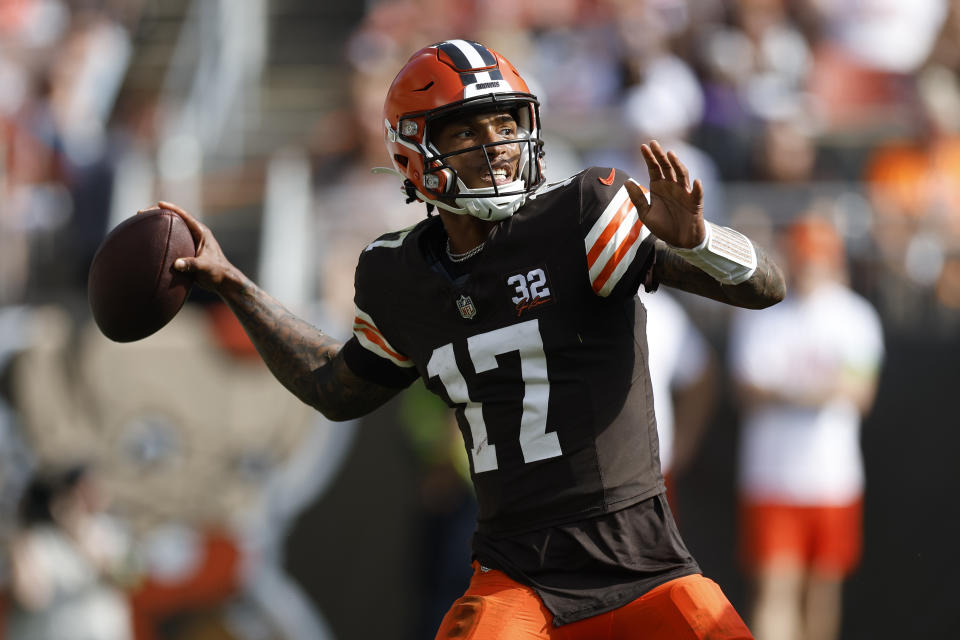 Cleveland Browns quarterback Dorian Thompson-Robinson (17) passes during the second half of an NFL football game against the Baltimore Ravens, Sunday, Oct. 1, 2023, in Cleveland. (AP Photo/Ron Schwane)