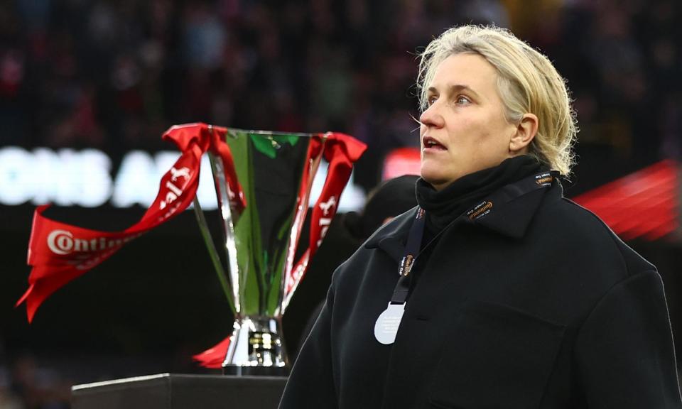 <span>Emma Hayes walks past the League Cup after defeat by Arsenal last month – on Saturday Chelsea resume their European campaign.</span><span>Photograph: Marc Atkins/Getty Images</span>