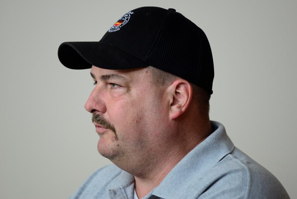 Mike Thompson, Shelby Fire chief, addresses the media at a press conference on April 15, 2019.