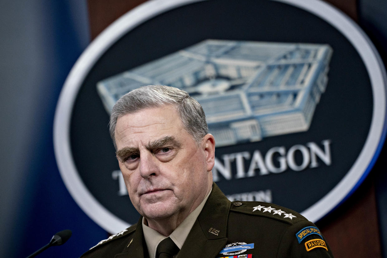 Mark Milley, chairman of the joint chiefs of staff, pauses while speaking during a news conference at the Pentagon in Arlington, Virginia, U.S., on Wednesday, Sept. 1, 2021. (Andrew Harrer/Bloomberg via Getty Images)