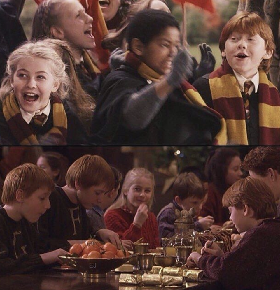 A young Julianne standing among other excited children and sitting at a table eating