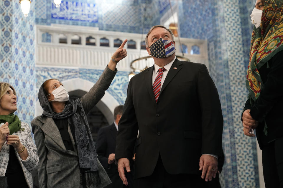 Secretary of State Mike Pompeo tours the Rustem Pasha Mosque in Istanbul, Tuesday, Nov. 17, 2020. Pompeo's stop in Turkey is focused on promoting religious freedom and fighting religious persecution, which is a key priority for the U.S. administration, officials said. (AP Photo/Patrick Semansky, Pool)